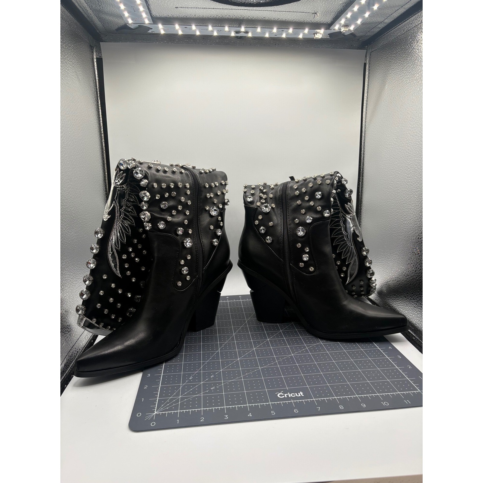 Black Rhinestone Studded Western Boots Silver Wing High Pointed Toe Block Heel