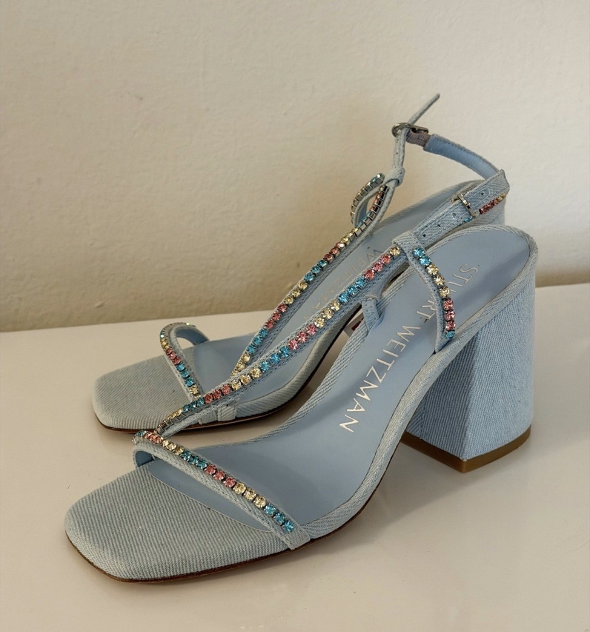 $575 Stuart Weitzman Women’s Blue Soiree Crystal 85 Block Sandal Shoes Size 9