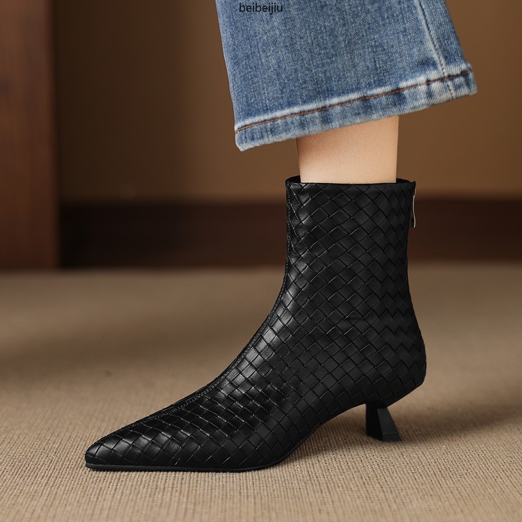 Women’s Weave Real Leather Ankle Boots Low Kitten Heel Dress Fashion Shoes Plus