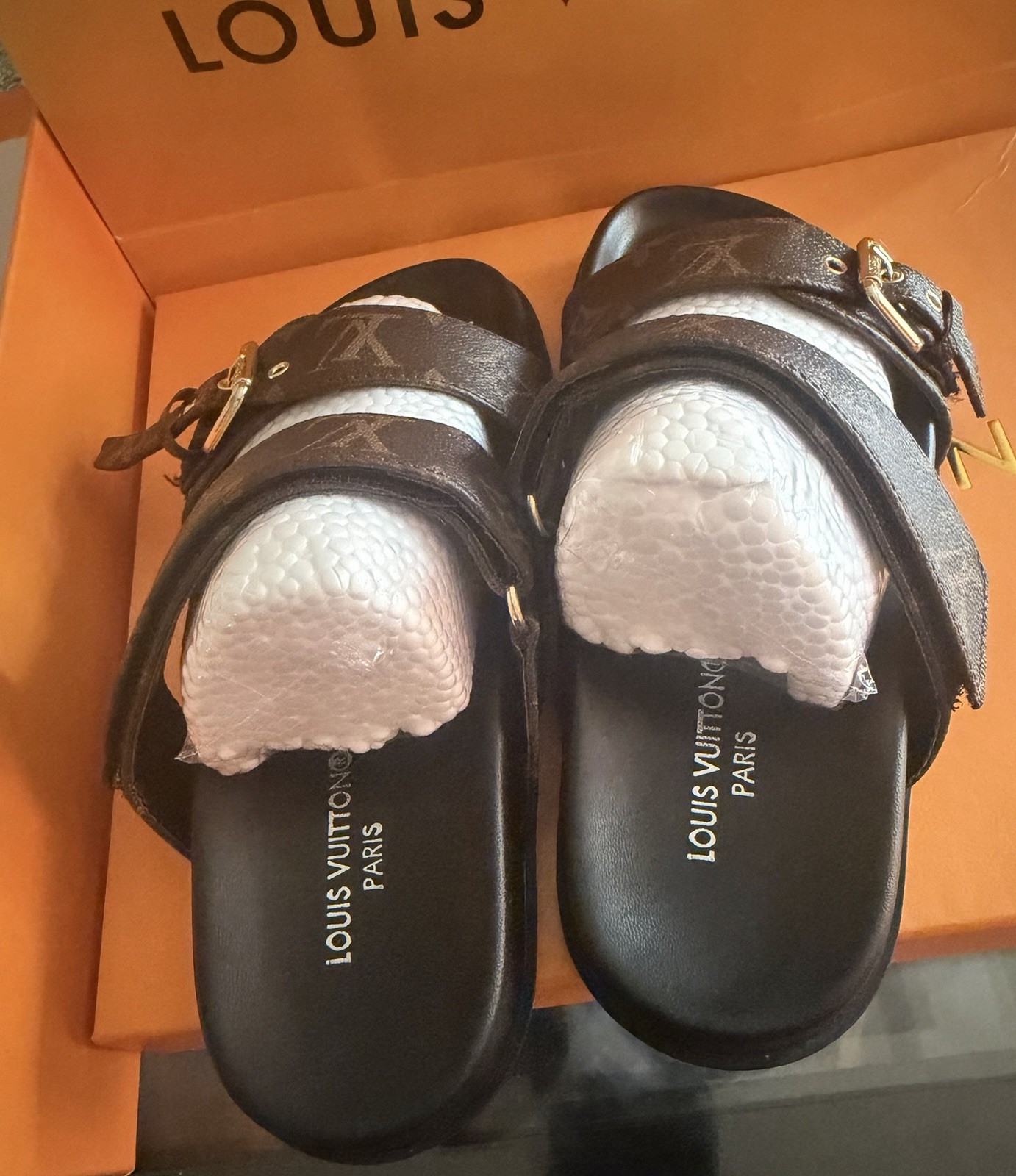 Louis Vuitton Women’s Monogram Double Strap Buckle Adjustable Slide Sandals