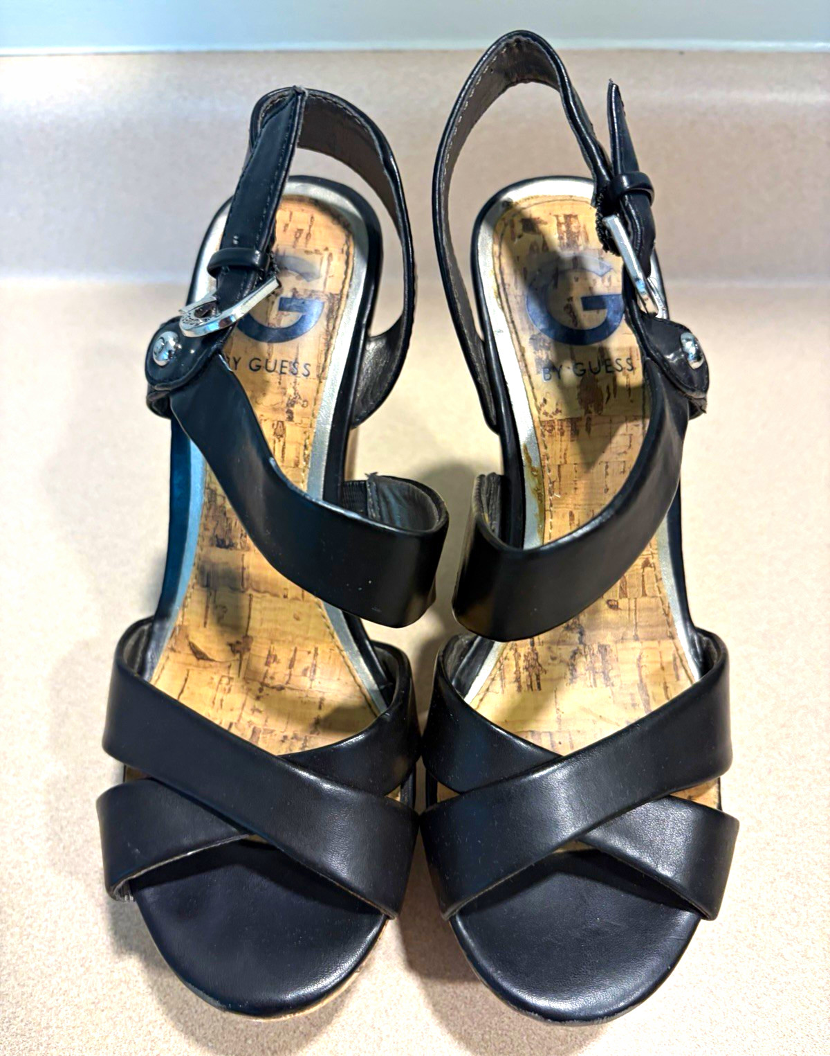 G by GUESS Women’s 5 Black Strappy Leather Wedge Sandals Cork Insole Logo