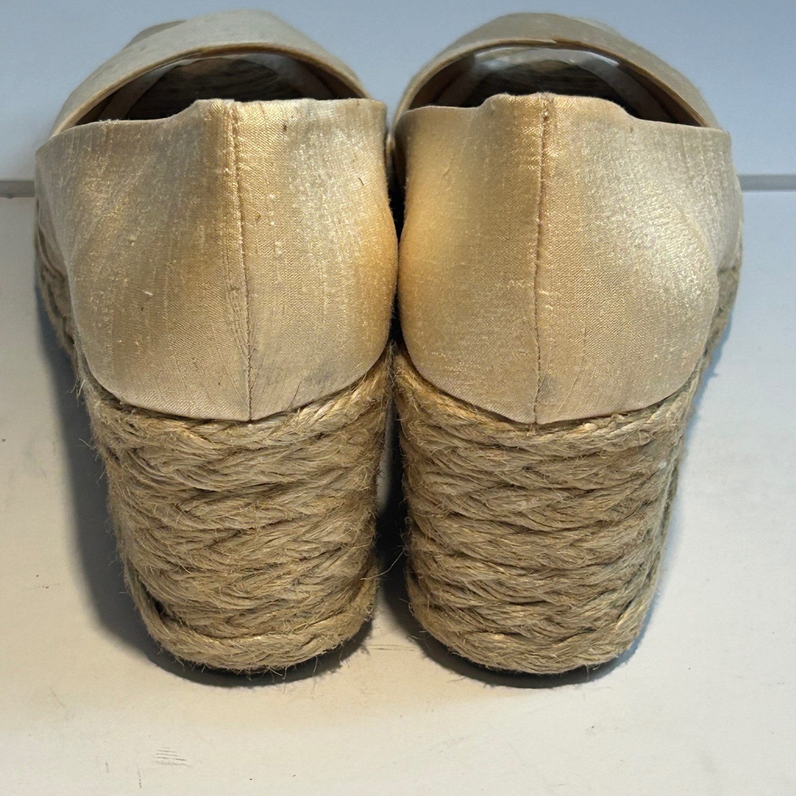 Lauren Ralph Lauren Cecilia Parchment Shantung Espadrille Wedges Gold 9B Spain