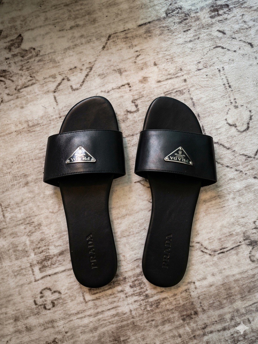 PRADA SLIDE SANDAL MULE BLACK LEATHER WITH METAL TRIANGLE LOGO SZ 41