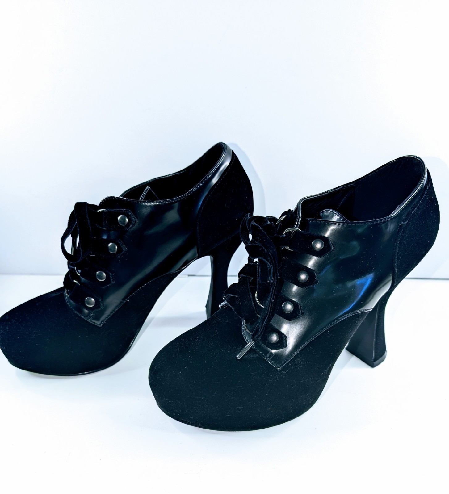 Killstar Bella Platform Heels Black Velvet Patent Gothic Lace Up Pumps Shoes Sz7
