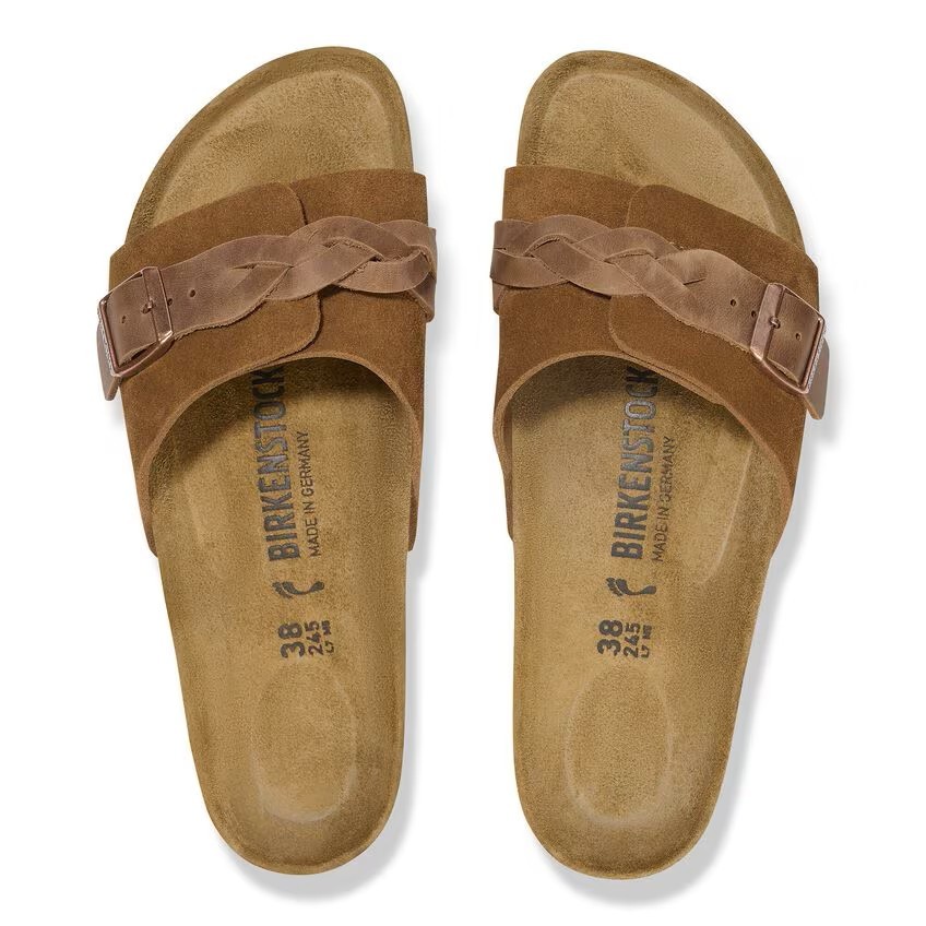 BIRKENSTOCK OITA BRAIDED MINK BROWN MEDIUM/NARROW WIDTH SUEDE SANDALS