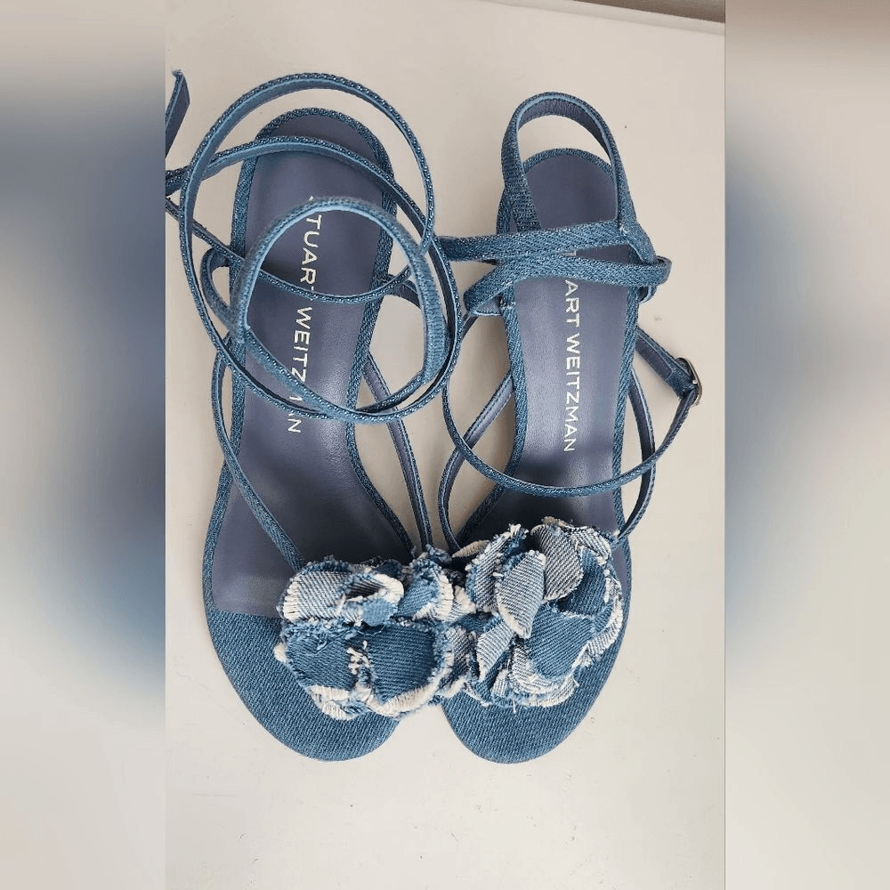 $495 Stuart Weitzman Belize 50 Stappy Sandal In Denim 7B