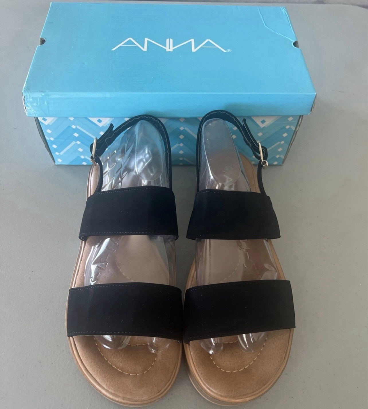 ANNA Women’s Black/Tan Strappy Faux Suede Flat Sandals Buckle Ankle Strap 8.5