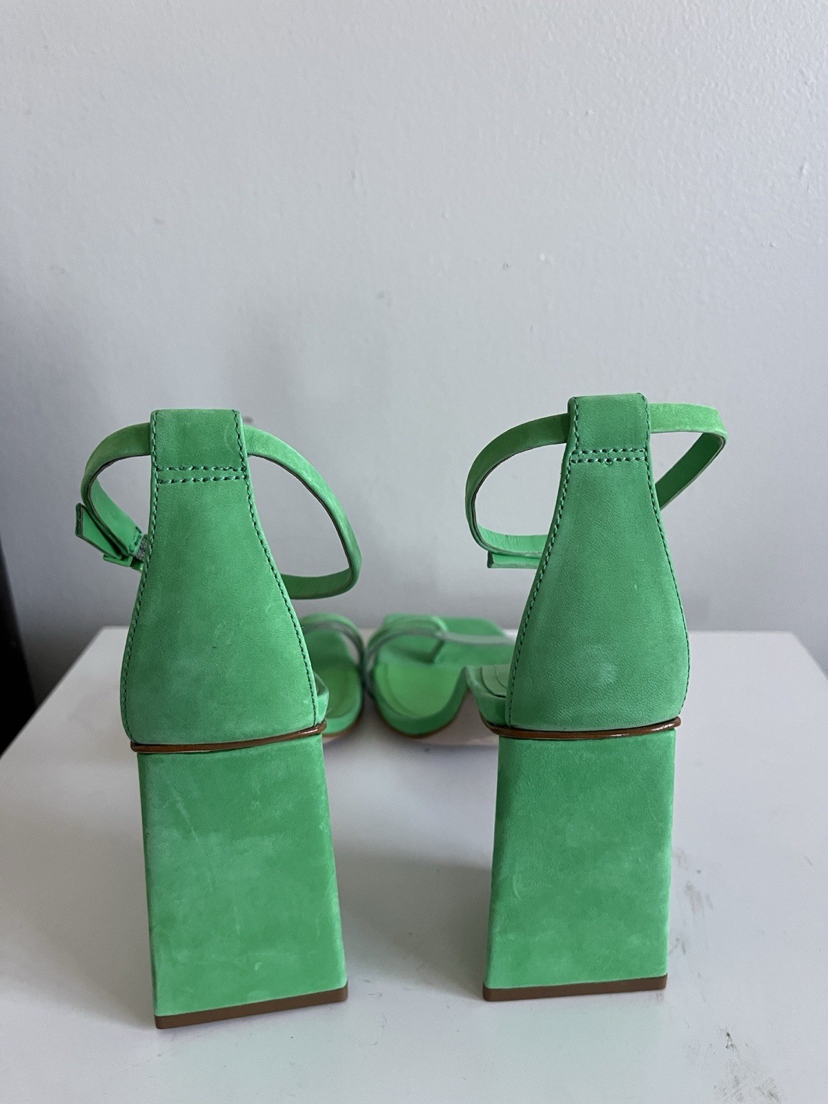 SCHUTZ Bright Green Suede Block Heel Sandals with Clear Toe Strap size 9