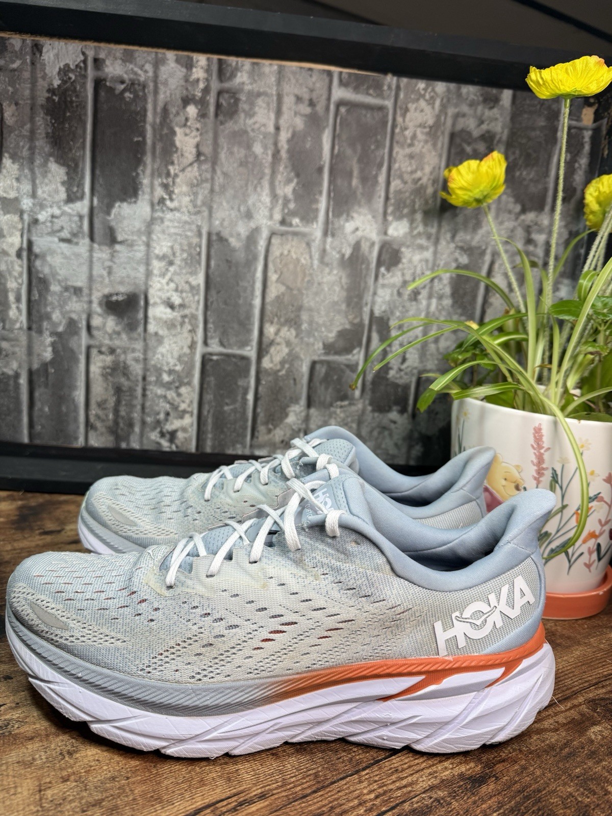 HOKA ONE ONE Clifton 8 Women’s Gray/Orange/White Low Top Lace-Up Logo Mesh