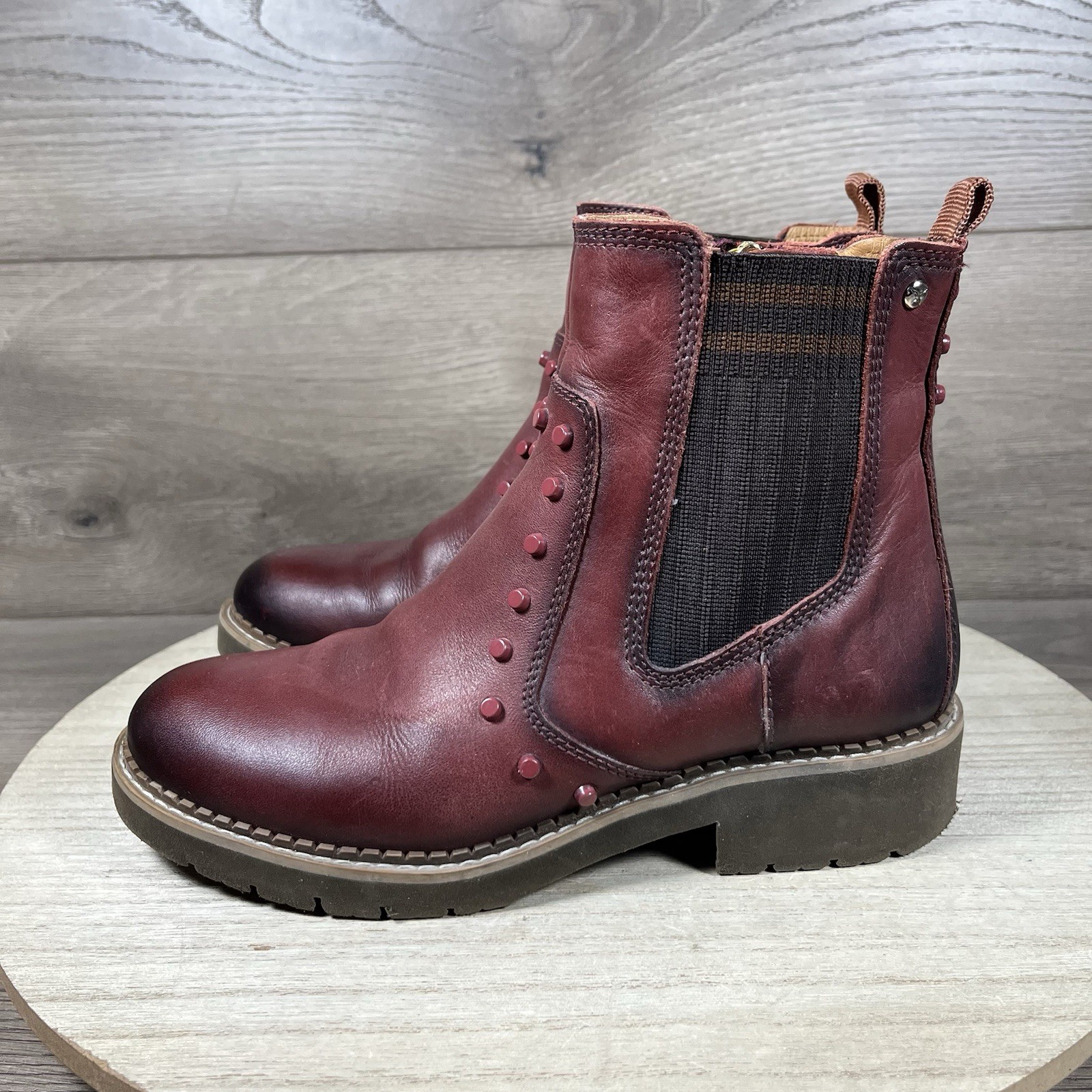 PIKOLINOS Vicar Studded Calfskin Leather Burgundy Ankle Boot Womens Size EU 36