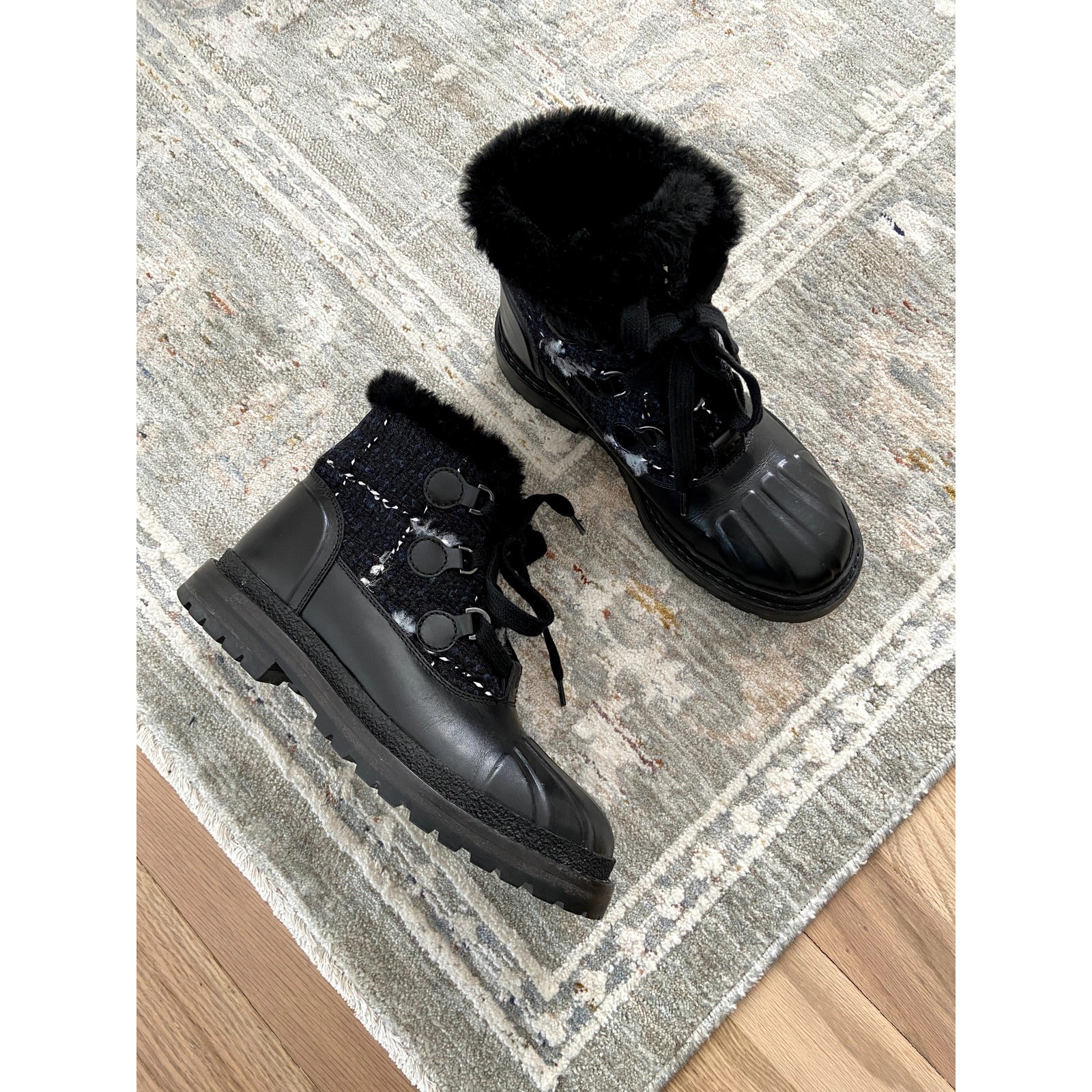 Chanel Tweed Rubber Ankle Short Combat Boots size 37.5