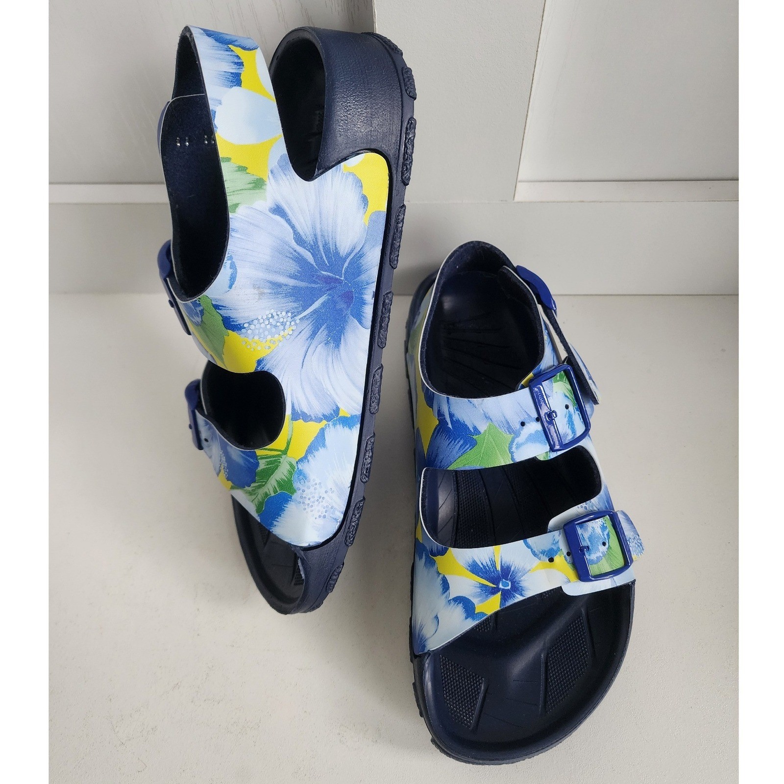 Birkenstock Birkis Sansibar Floral Sandals Blue Yellow Hibiscus Size 37 Women 6