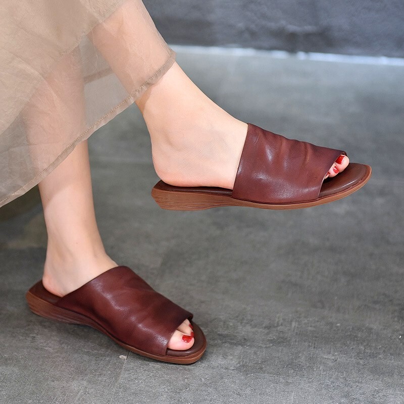 Women Lady Real Leather Open Toe Vintage Sandals Flat Gothic Punk Mules Slipper