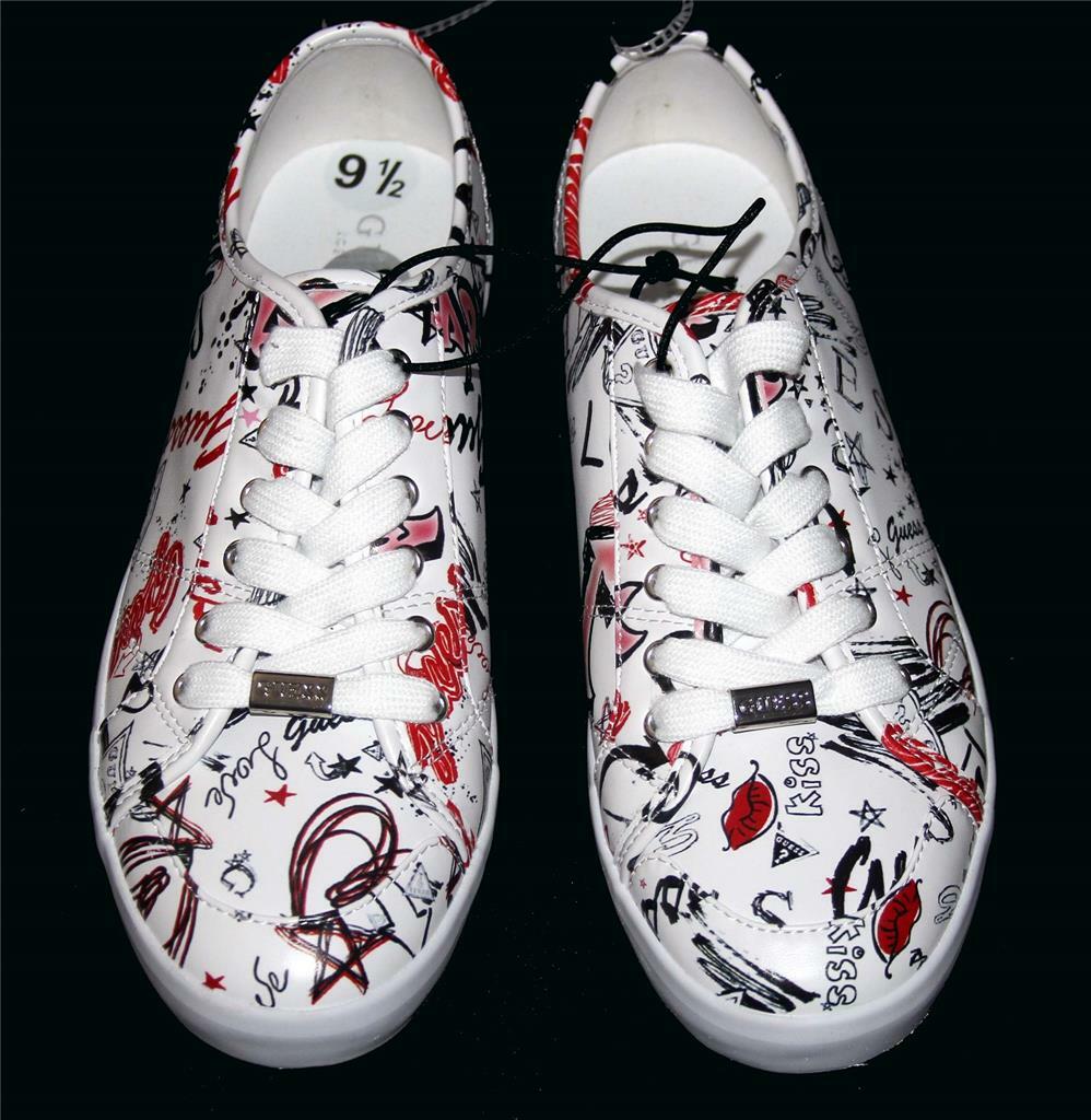 Guess WG GOODLY Graffiti Graphics Kiss Love Black White Red Sneakers Shoes Wm’s