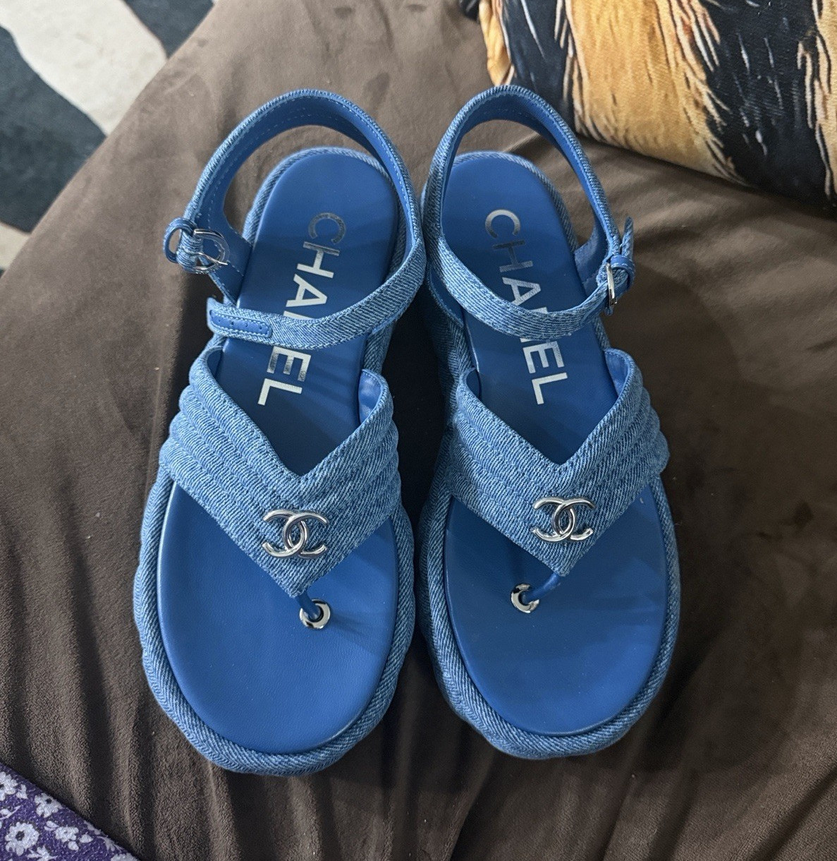 CHANEL Women’s Blue denim Slingback Sandals Ankle Strap Buckle US 10