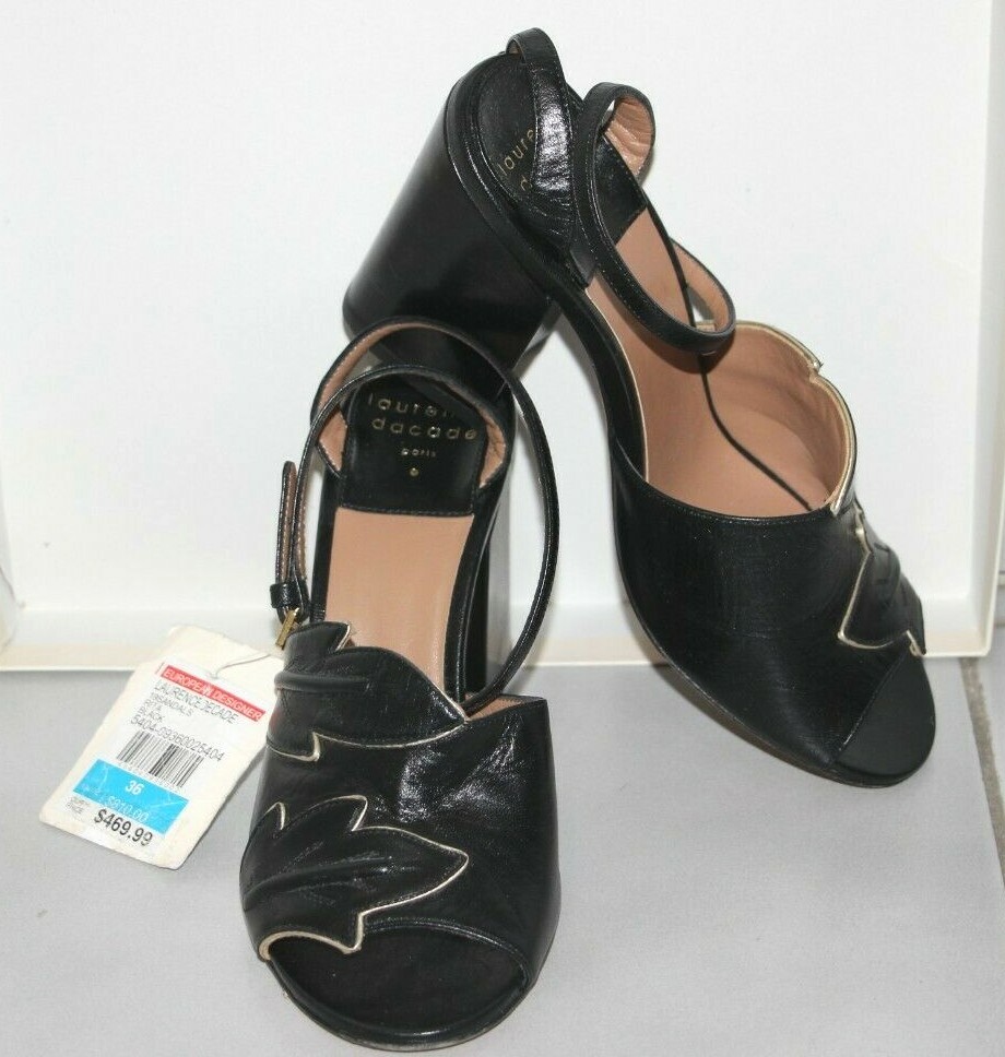 LAURENCE DACADE Rita Embossed Black Gold 3.5″ Heel Sandals sz US 6/IT 36 $810