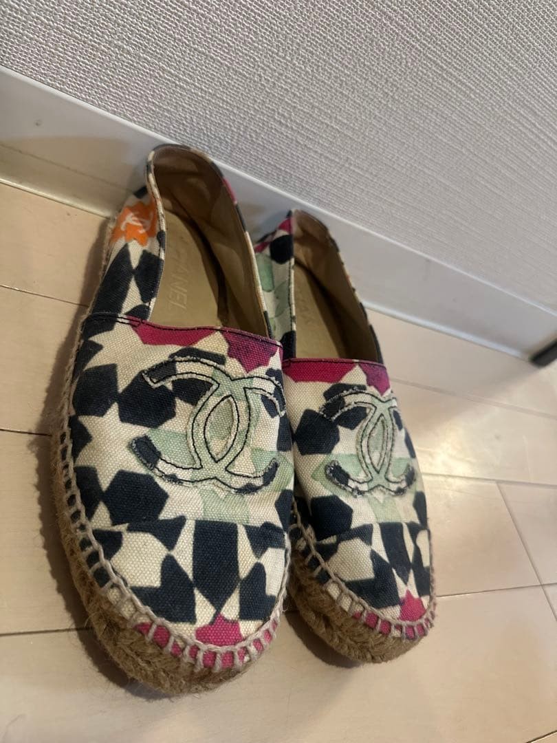 CHANEL Slip-On Espadrilles Canvas Black White Green Pink Orange Women EU36/US5.5