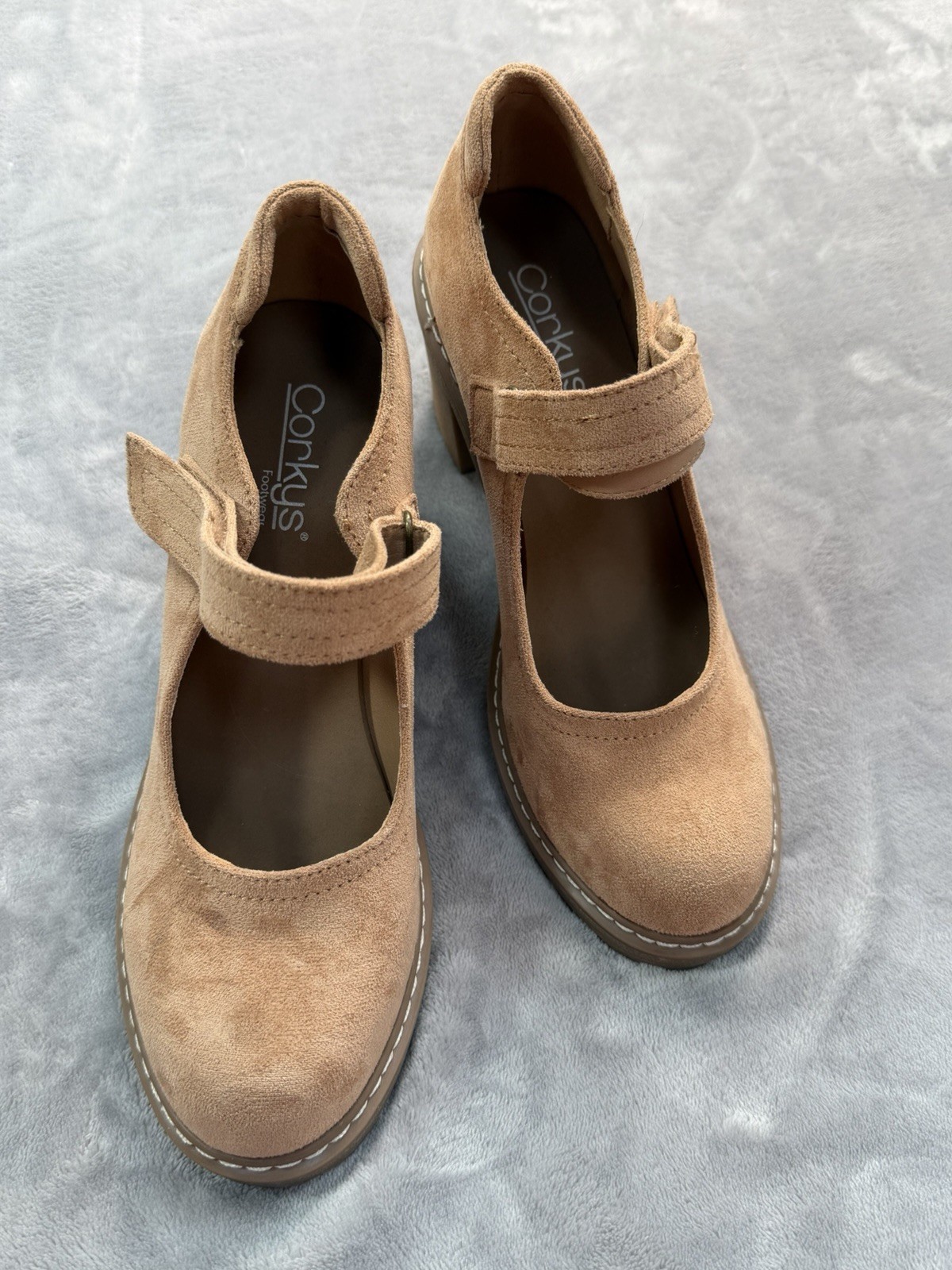 Corkys Camel Suede Mary Jane Heels Round Toe Hook & Loop Ankle Strap US 9