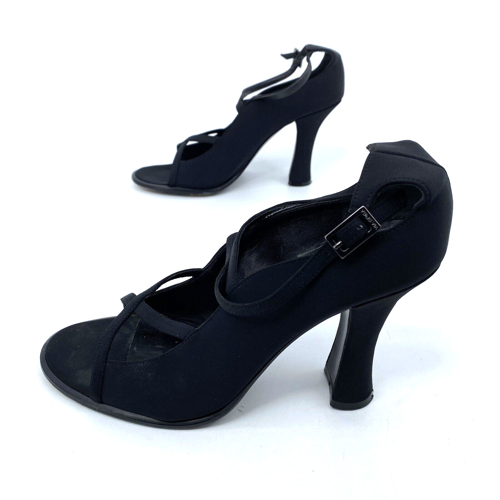 Womens 7.5 M Via Spiga Cage Black Satin Strappy Sandals 3.25″ Heel Made in Italy