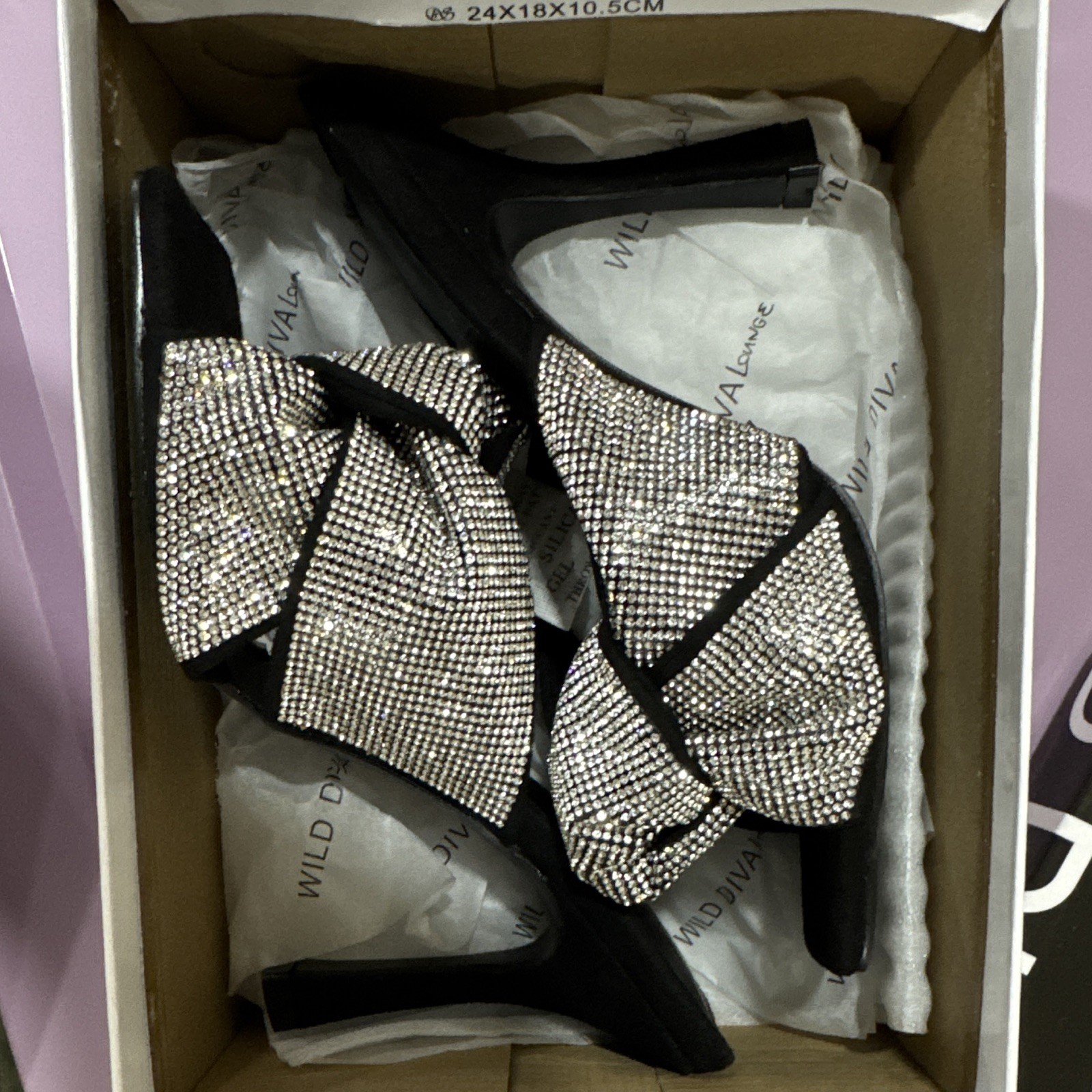 Wild Diva Black Silver Rhinestone Bow Slip-On Slide Sandals Women’s Size 6.5