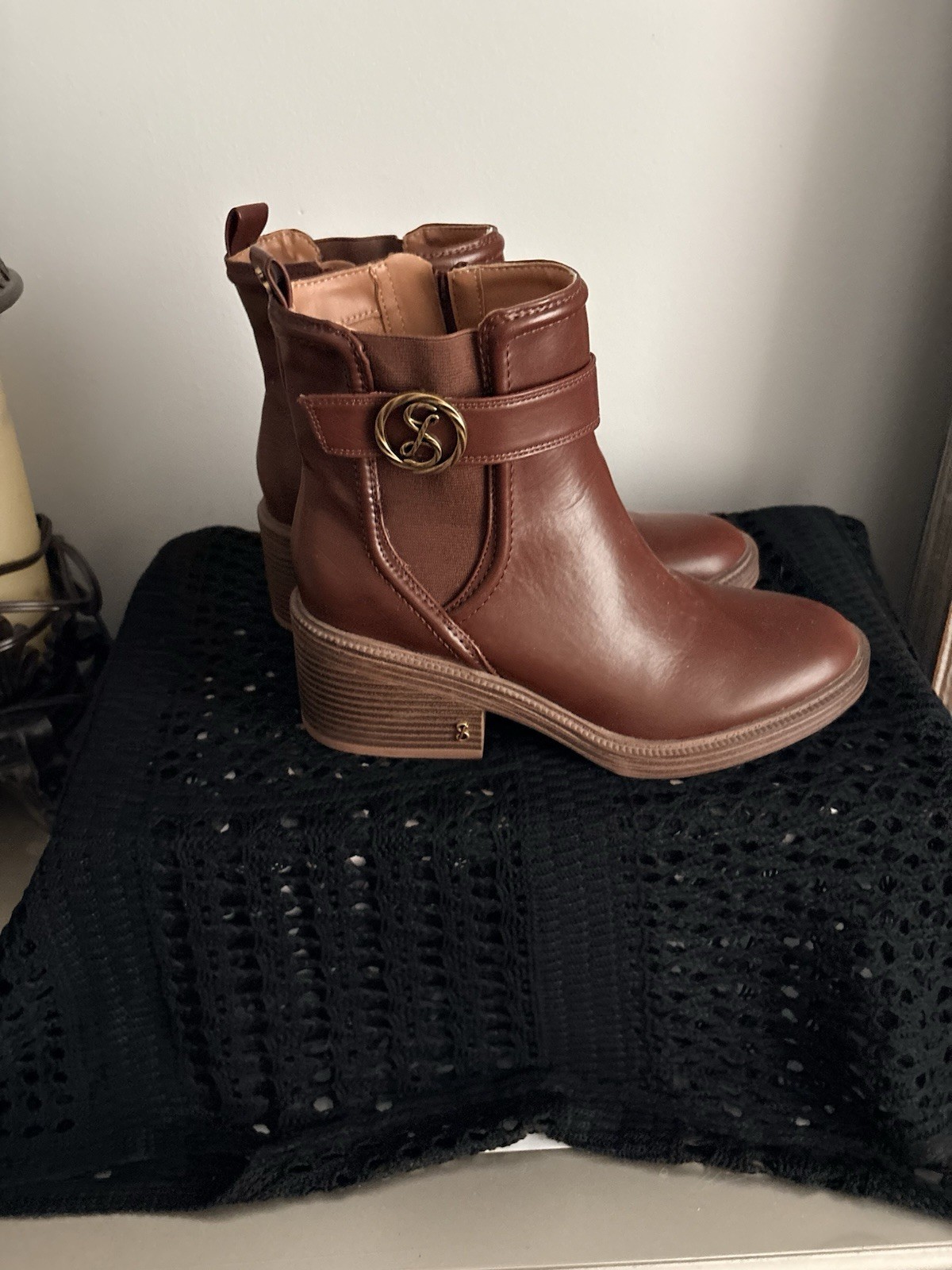 Sam Libby Women’s Brown Ankle Bootie Zip Buckle Comfort Round Toe US 9