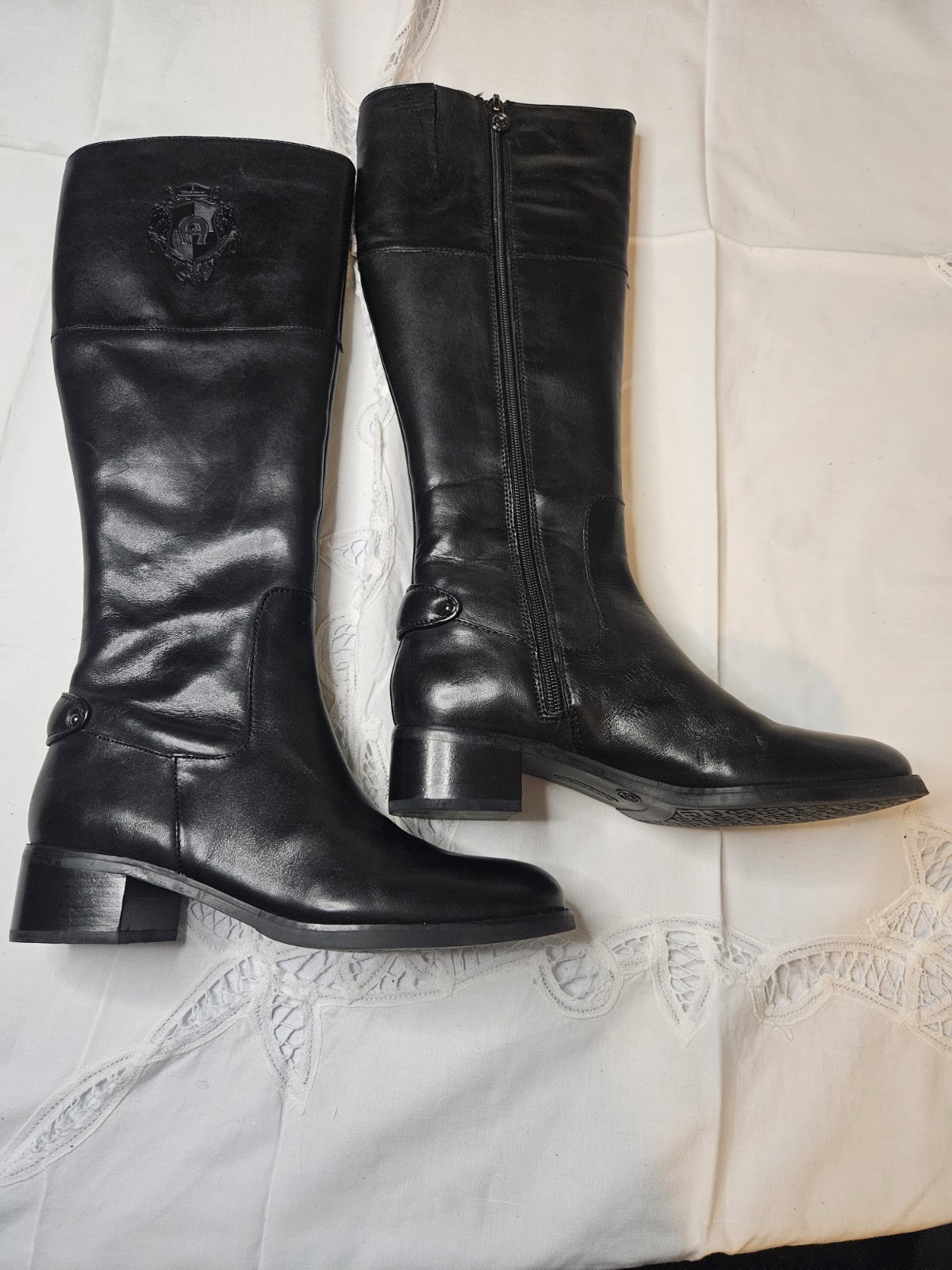 Etienne Aigner Black Leather Knee High Riding Boots Logo Side Zipper Block Heel
