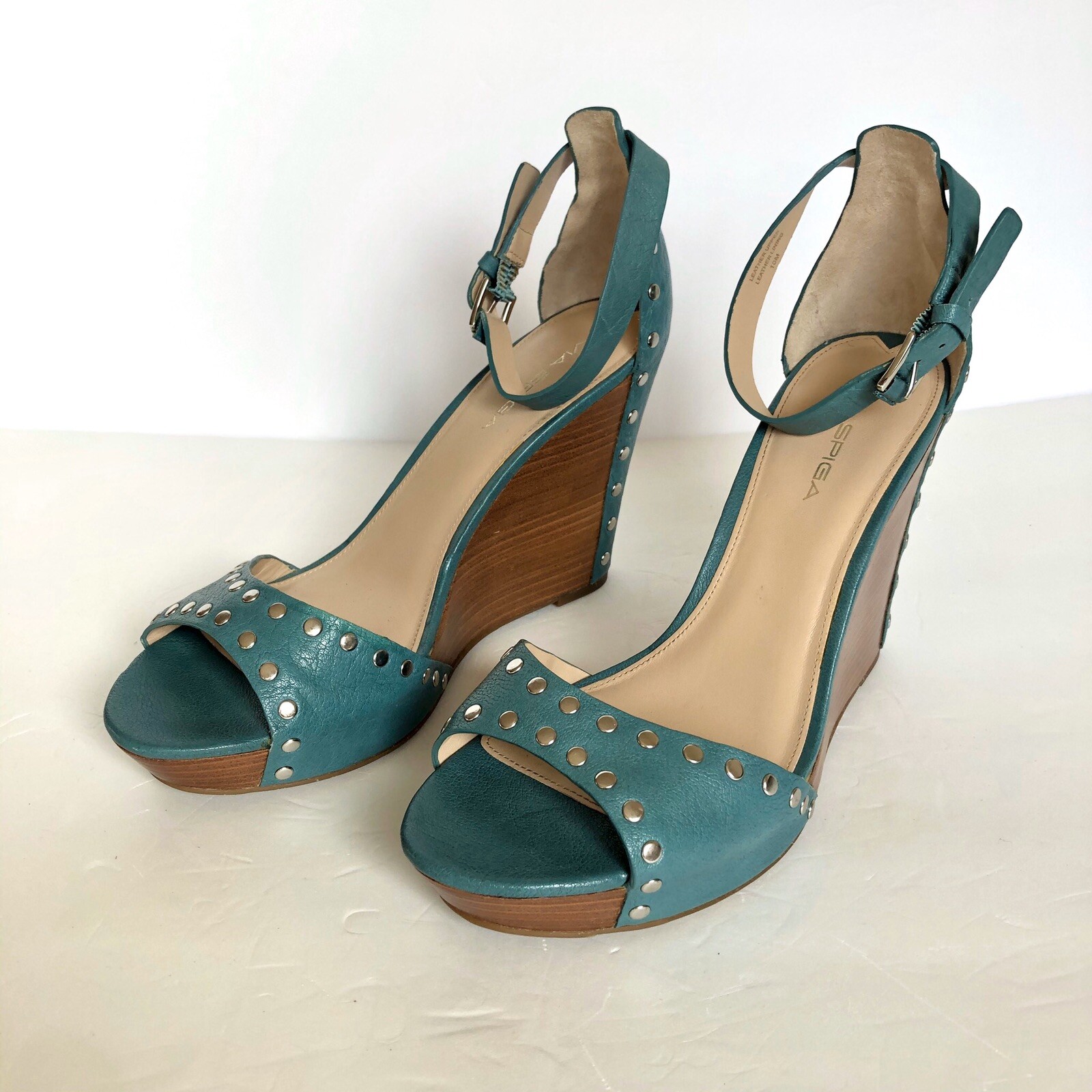 Via Spiga Mercato Turquoise Leather Studded Wedge Sandals Size 10 M