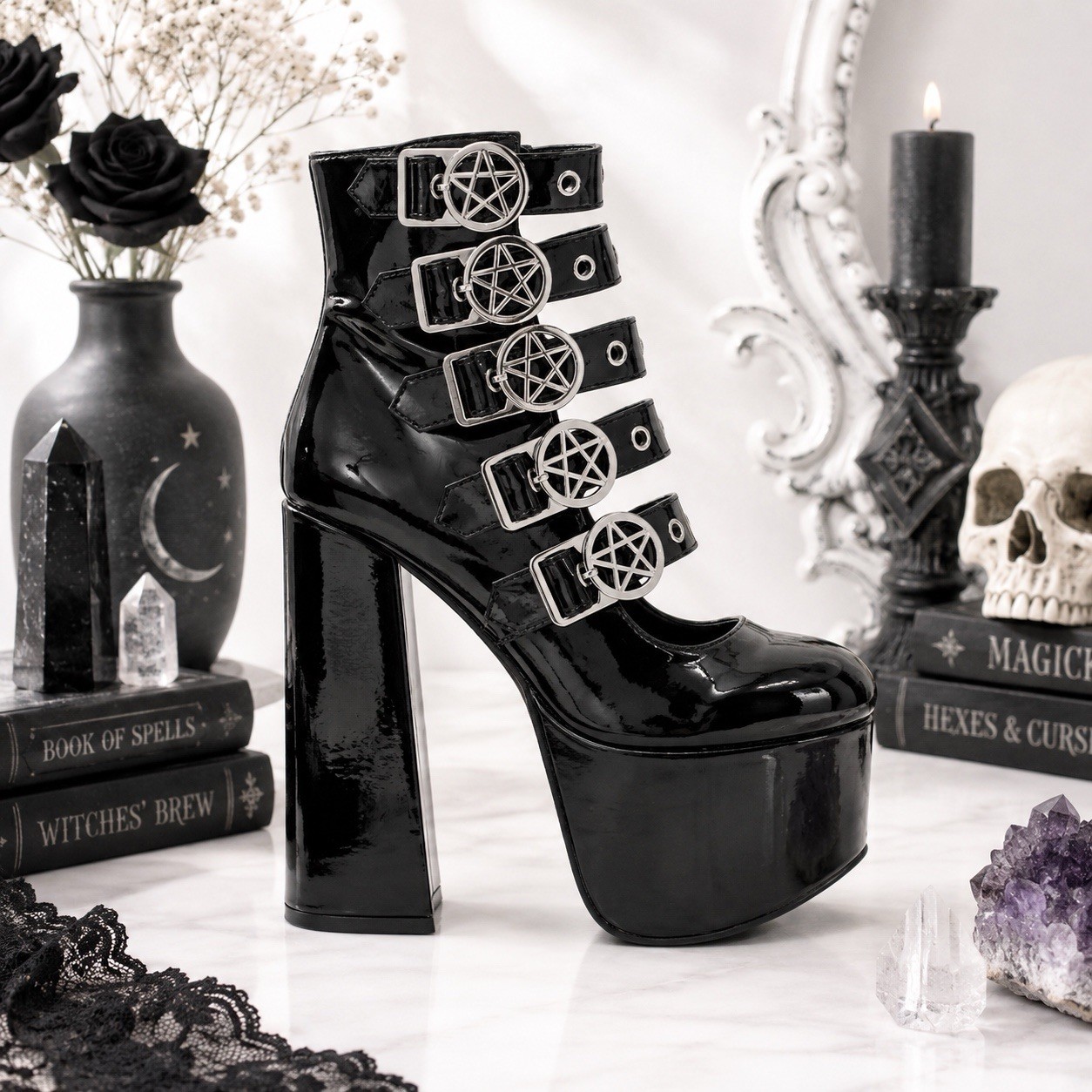 Sz 8 Kllstar Platform Heels Pentagram Buckles Witchy Goth Punk Shoes Boots