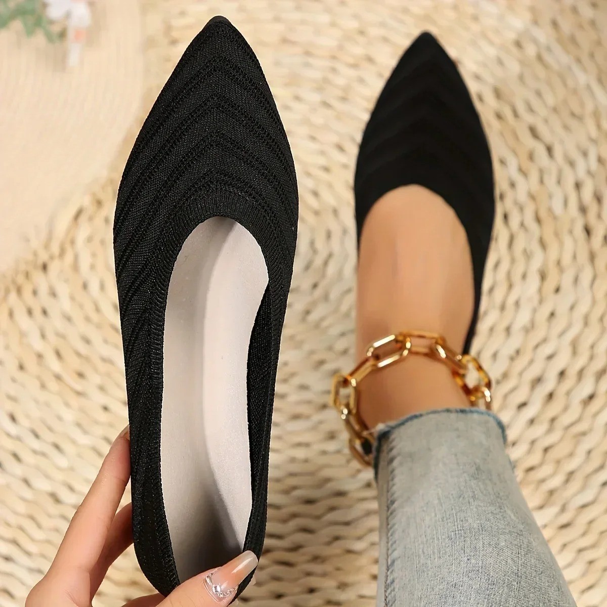 2024 Women Pointed Toe Knit Flats Slip On Office Casual Ballet Loafers Shoes