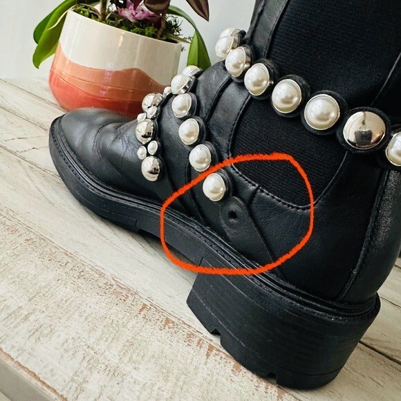 Zara Black Pearl-Embellished Strap Leather Ankle Boots – 6.5