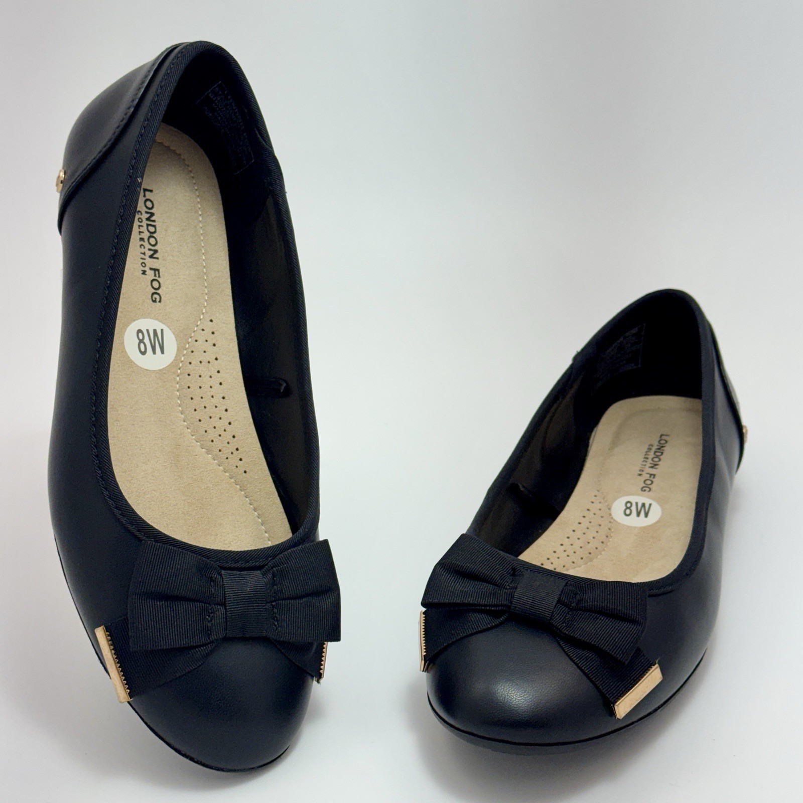 London Fog Ballet Flats Round Toe Slip-On w/Bow Accent Black Size 8W Wide