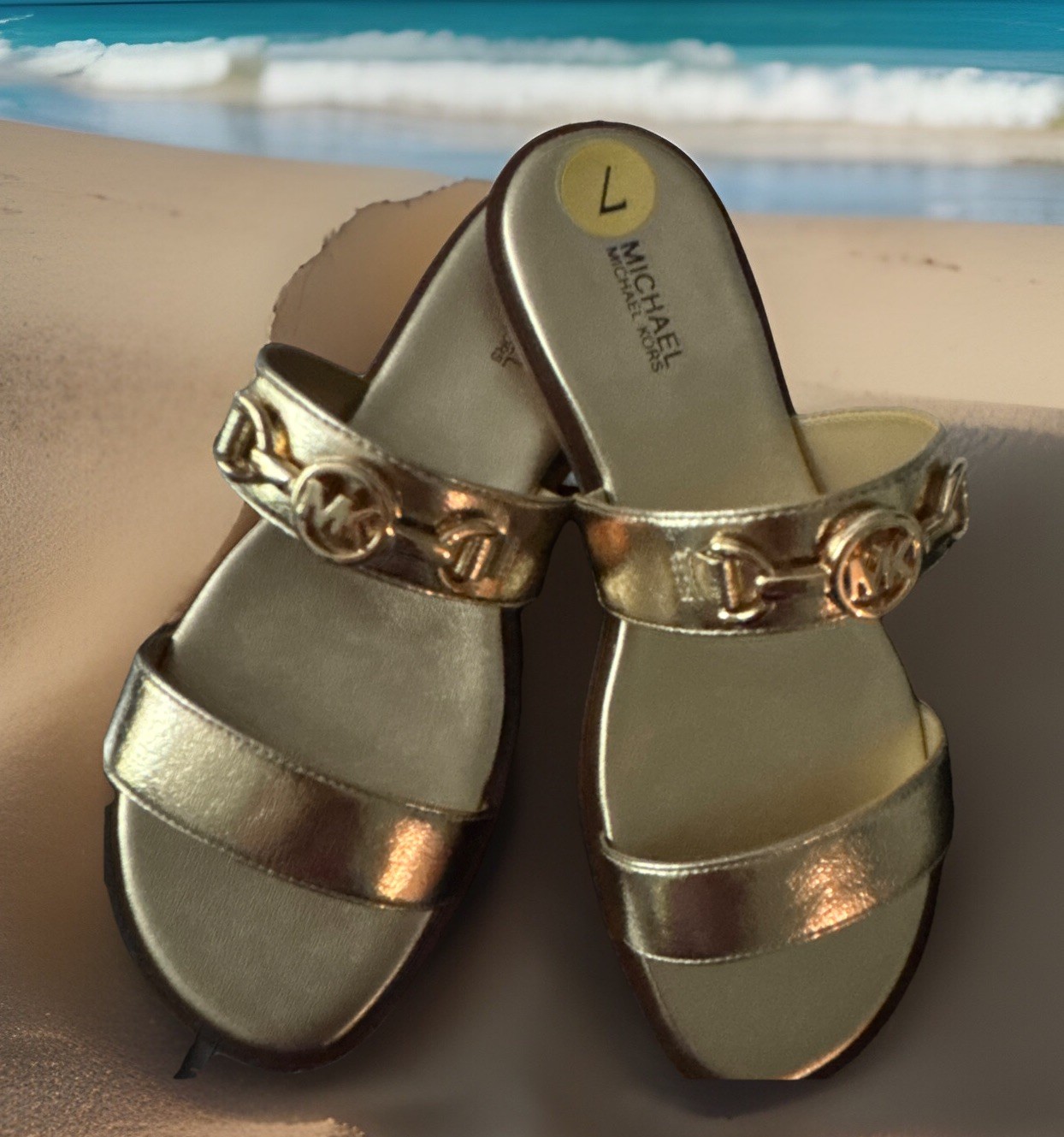 NEW Michael Kors Women Man Made Gold Tone Slip On Flat Sandal, Sz. 7.5M; 9 M
