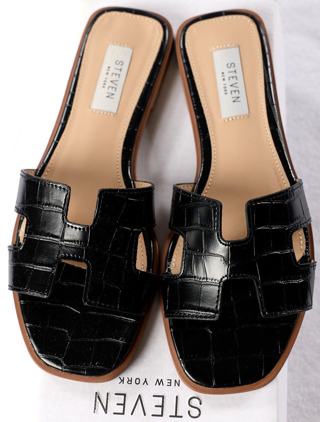 Steven New York Hanna Slides Womens 6.5 BLACK Croc Embossed H Cutout Sandal