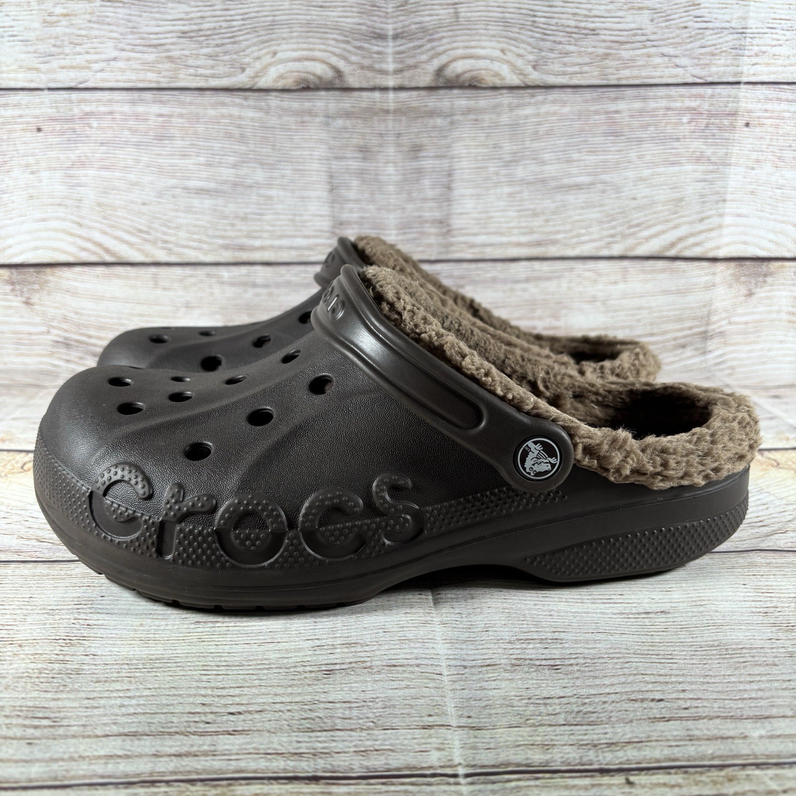 Crocs Clogs Mens 8 Womens 10 Brown Baya Round Toe Slip On Lined Faux Fur Casual