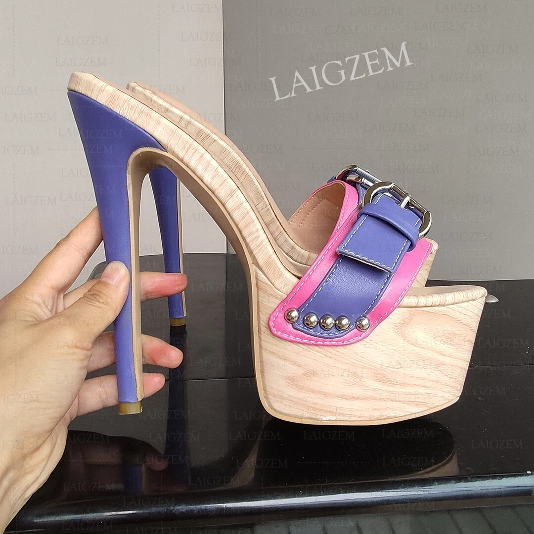 Women Mules Open Toe Slip On Faux Leather Thin High Heeled Slides Shoes Woman