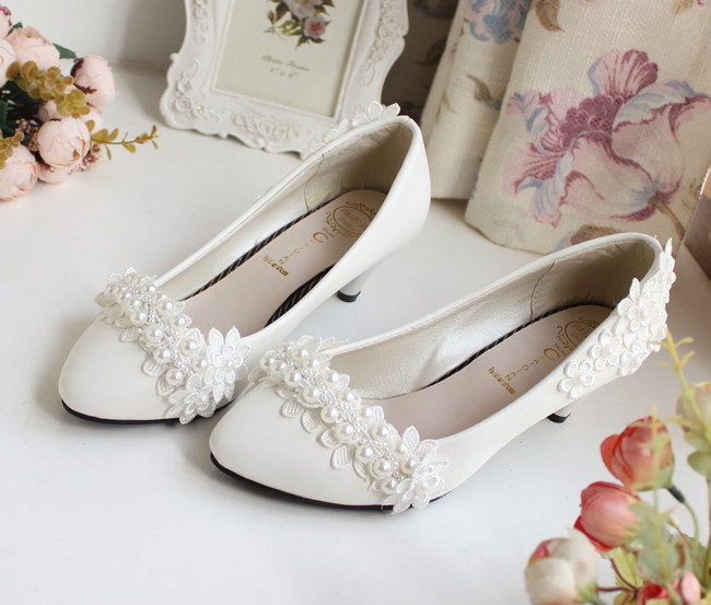 Ivory Pearl Flower Wedding Lace Prom Bridal Bridesmaid Flat High Low Heels shoes