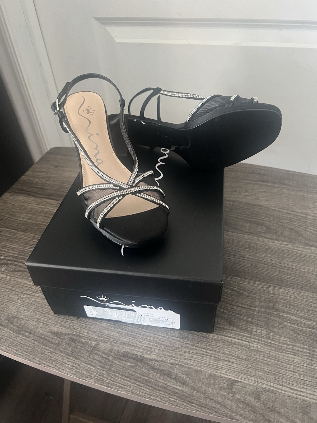 Nina Women’s 9 Black/Silver Strappy Rhinestone Open Toe Ankle Strap Heels