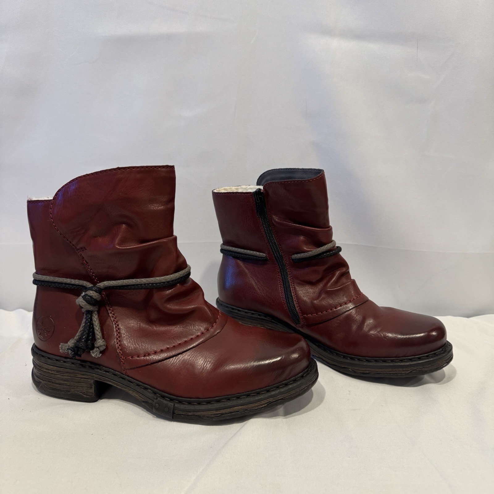 Rieker Womens Size 7 EUR 38 Ankle Boot Felice Wine Faux Leather Ruched Upper NWT