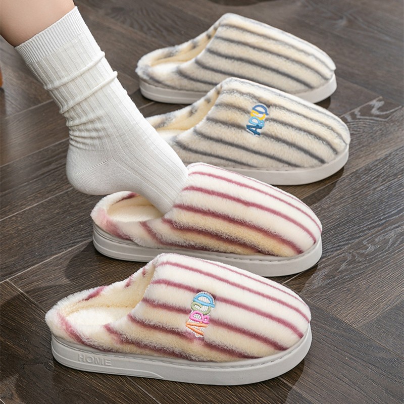Ins Plush Striped Slippers Winter Warm Letter Embroidered Shoes Fashion Floor Be