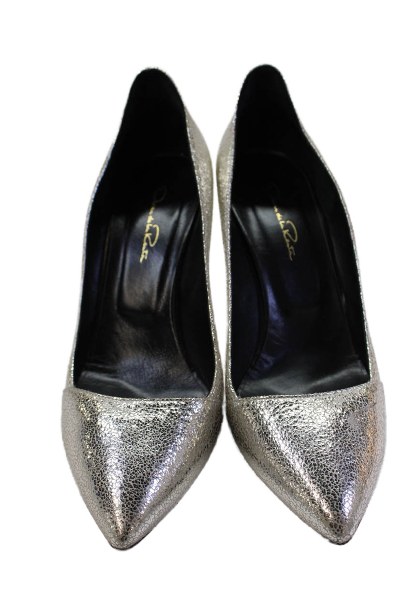 Oscar de la Renta Womens Textured Pointed Toe Slip On Heels Silver Size EUR 40