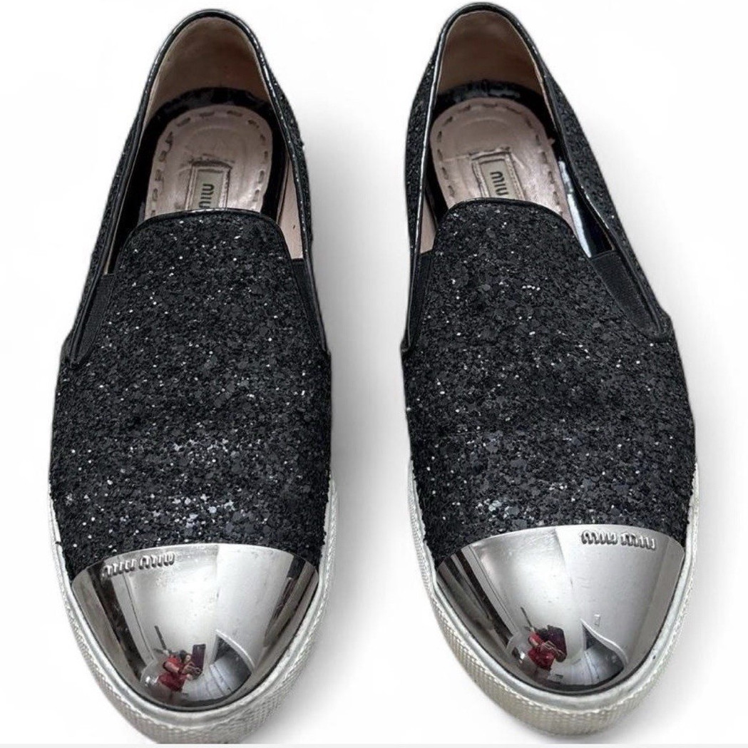 Miu Miu Women’s Black Leather Slip-On Flats Glitter Silver Cap Toe US 6