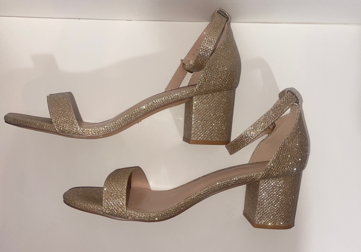 Azazie Gold Glitter Block Heel Sandals Size 38 Prom Wedding Formal Heel US 7.5/8