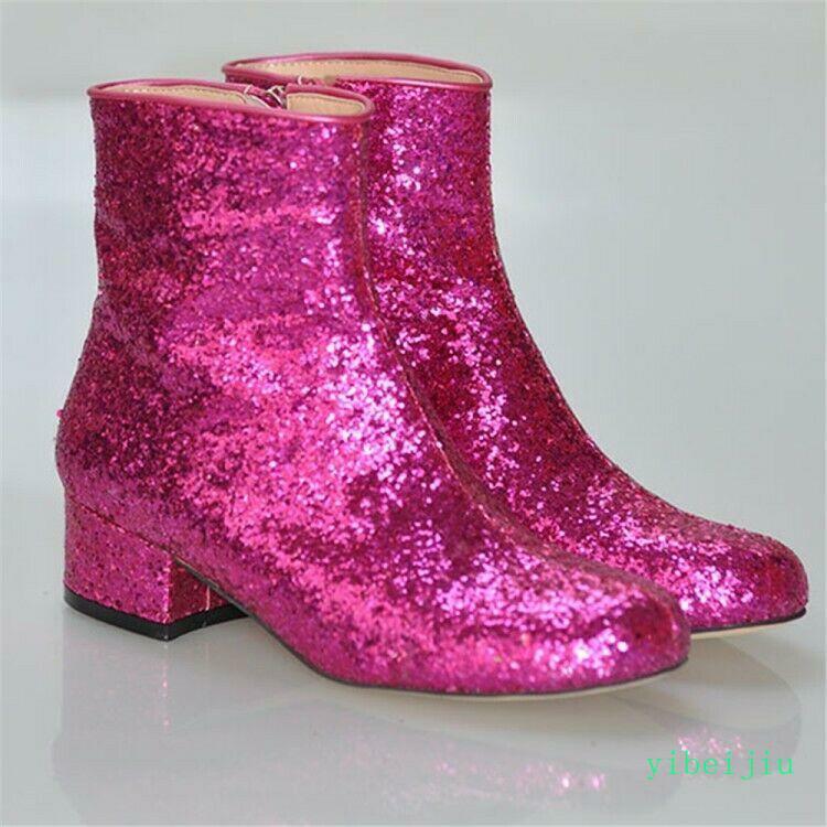 Womens Glitter Sequins Ankle Boot Stage Bar Low Heel Shoes Performance Plus Size