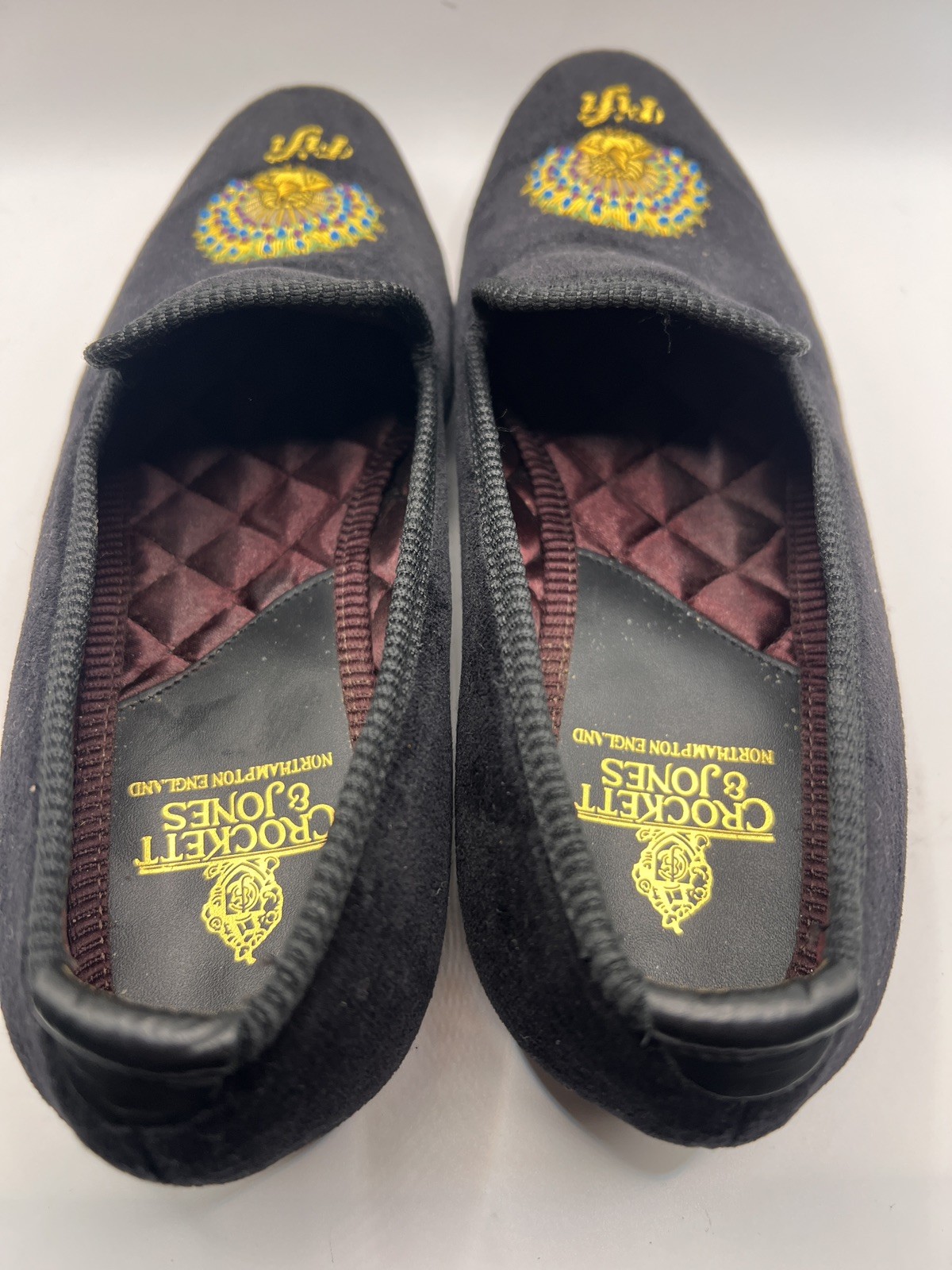 Crockett & Jones Black Embroidery Peacock Velvet Albert Slippers Women Sz 5.5/6