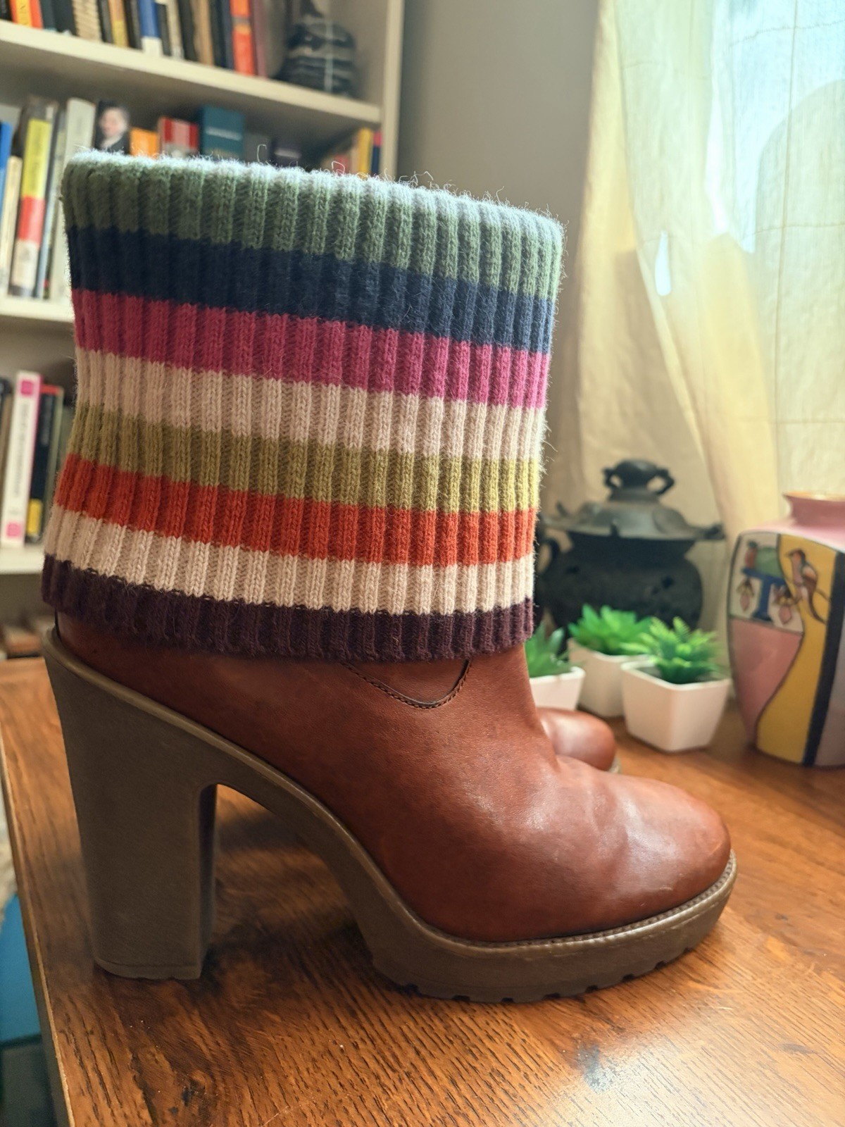 Coach Brown Leather Bootie Boots US 9 Legacy Striped Cuff Block Heel