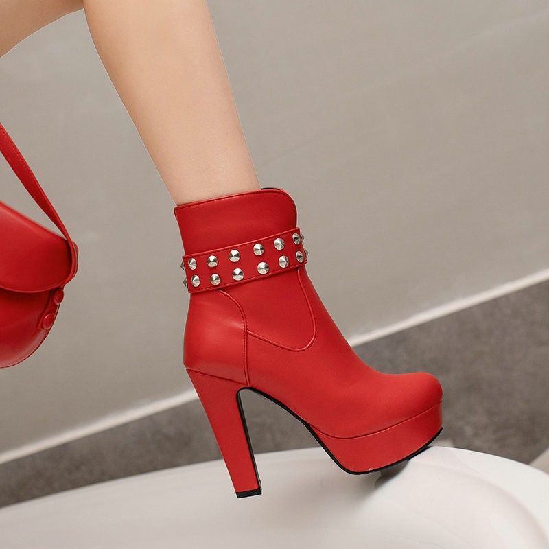 Womens Club Ankle Boots Block High Heels Platform Round Toe Zipper Rivets Shoes