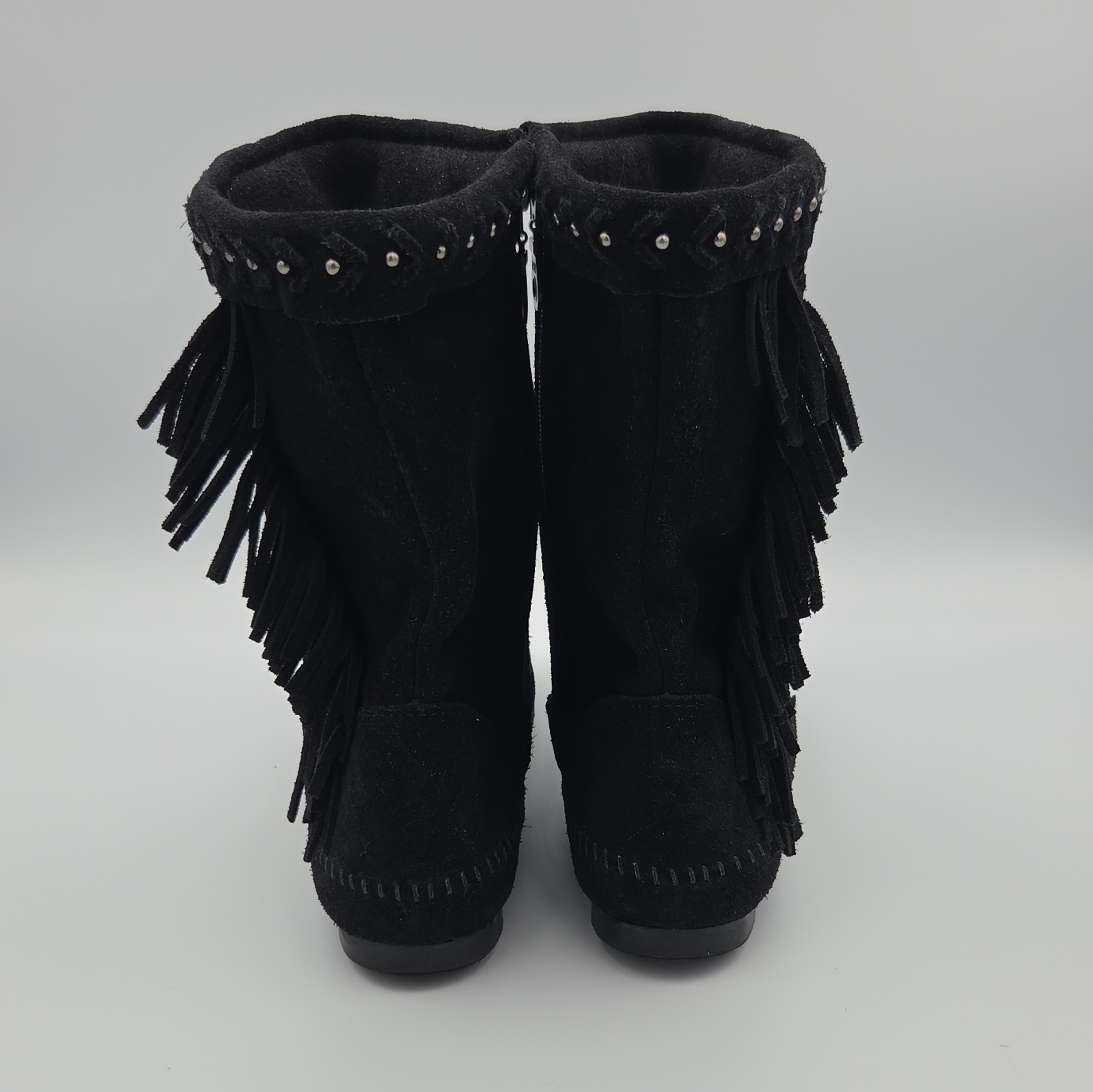 MINNETONKA Moccasin Boots Black Suede Fringe Style 1699 Womens Size 9