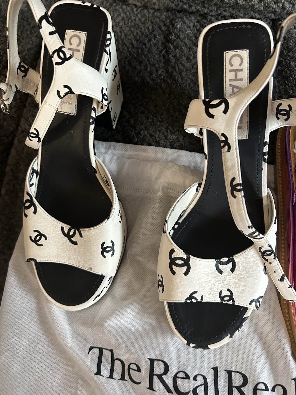 Chanel 22S White Black Printed Lambskin Allover CC Logo Platform Sandals 41