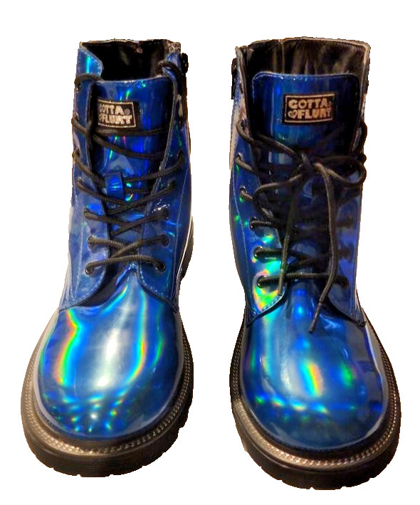 Gotta Flurt Holographic Blue Combat Women’s Boots