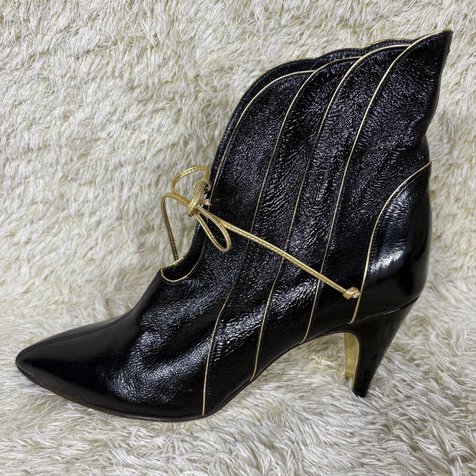 Emilio Pucci Booties Patent Leather Black Bow Pointed Toe EU36.5